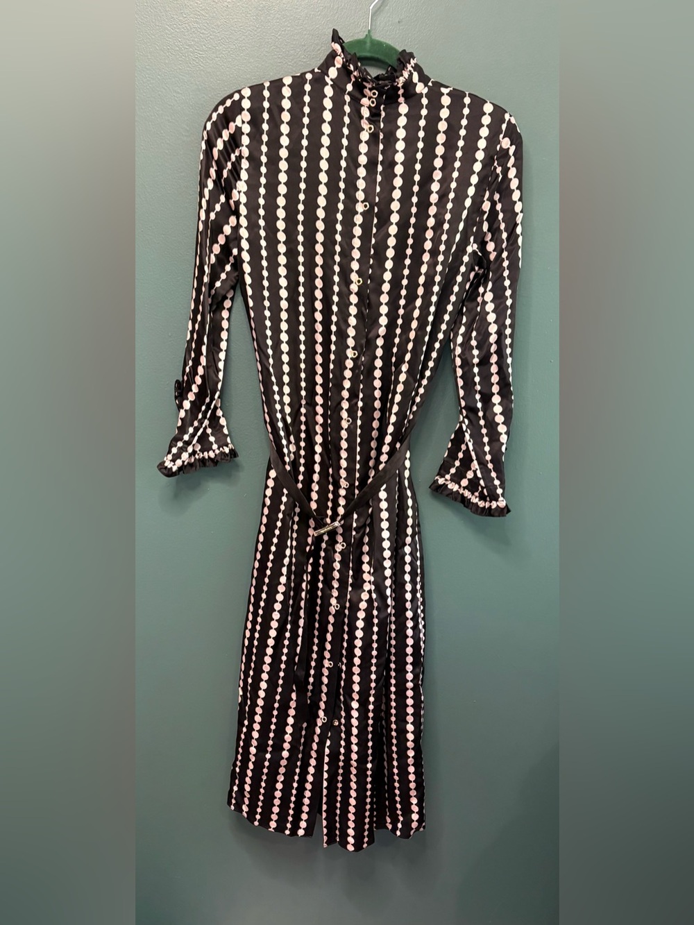 kate spade Black and White Vertical Dot-Stripe Silk Long Sleeve Midi Dress 4 - Picture 3 of 5